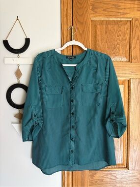 Notations Black and Teal Striped Button-Front Shirt Blouse